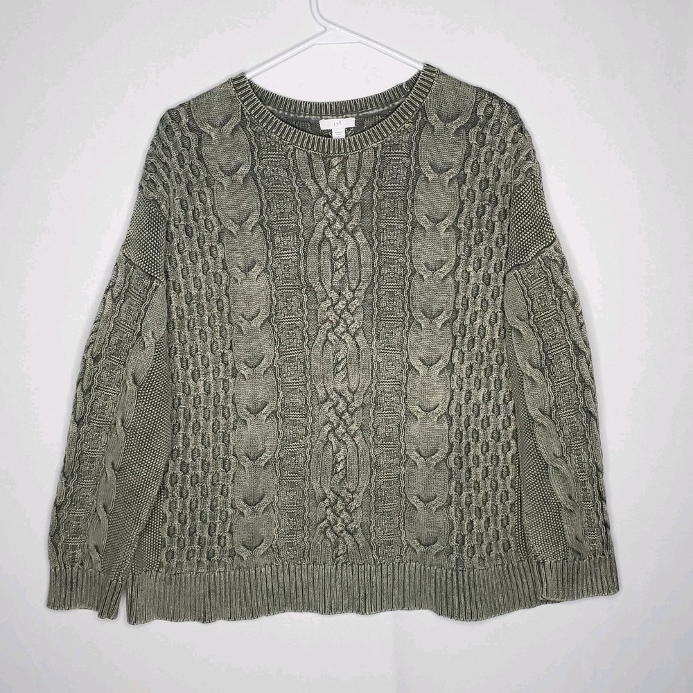 J Jill Cable Knit Sweater Women Large Distressed Green 100% Cotton Grunge Preppy